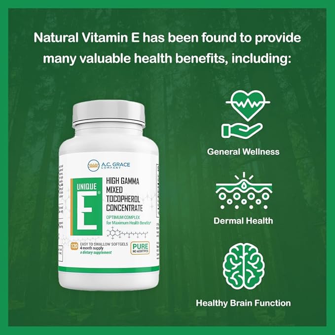 A.C. Grace Company UNIQUE E Mixed Tocopherols 120 Soft Gels, Supports Healthy Brain Function, General Health, and Aging Support, All-Natural Vitamin E and Kosher