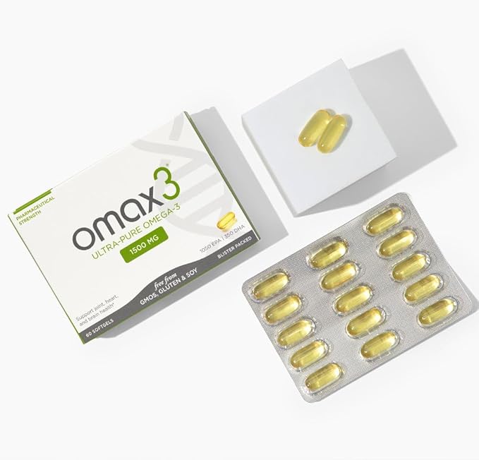 Omax3 Natural Omega 3 Fish Oil Pills 1500 MG EPA DHA - Omega3 Fatty Acid Supplements Muscle & Joint- Gluten Free, Wild Caught, Non GMO, 30-Day Supply Blister Packed (1 Box)