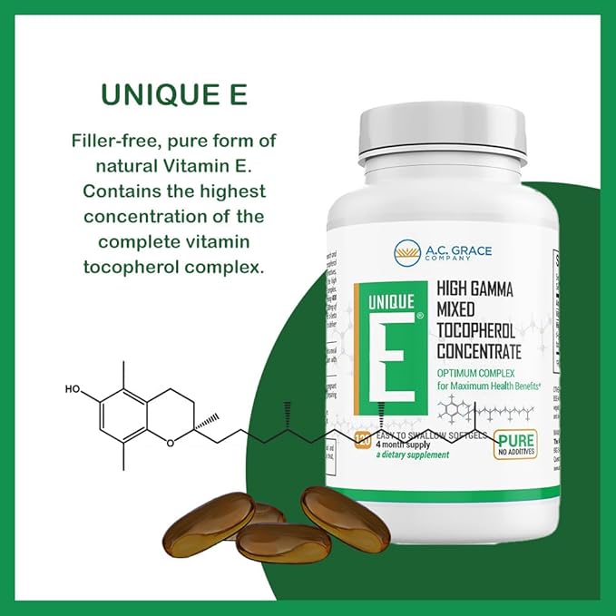 A.C. Grace Company UNIQUE E Mixed Tocopherols 120 Soft Gels, Supports Healthy Brain Function, General Health, and Aging Support, All-Natural Vitamin E and Kosher