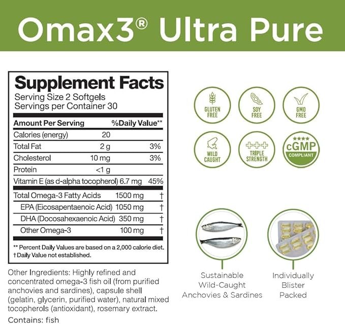 Omax3 Natural Omega 3 Fish Oil Pills 1500 MG EPA DHA - Omega3 Fatty Acid Supplements Muscle & Joint- Gluten Free, Wild Caught, Non GMO, 30-Day Supply Blister Packed (1 Box)