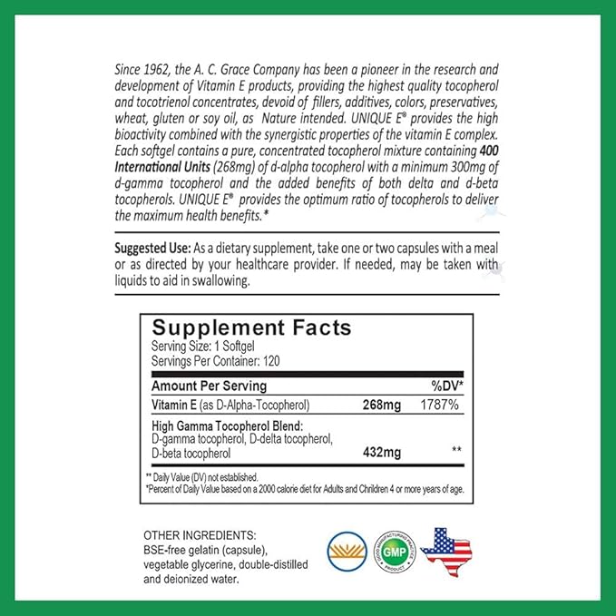 A.C. Grace Company UNIQUE E Mixed Tocopherols 120 Soft Gels, Supports Healthy Brain Function, General Health, and Aging Support, All-Natural Vitamin E and Kosher
