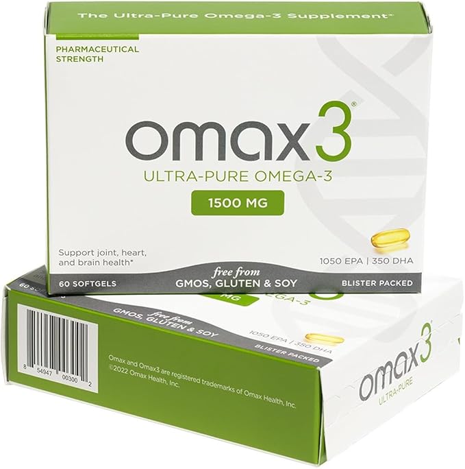 Omax3 Natural Omega 3 Fish Oil Pills 1500 MG EPA DHA - Omega3 Fatty Acid Supplements Muscle & Joint- Gluten Free, Wild Caught, Non GMO, 30-Day Supply Blister Packed (1 Box)