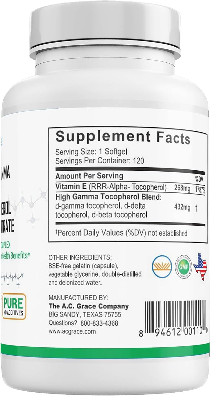 A.C. Grace Company UNIQUE E Mixed Tocopherols 120 Soft Gels, Supports Healthy Brain Function, General Health, and Aging Support, All-Natural Vitamin E and Kosher