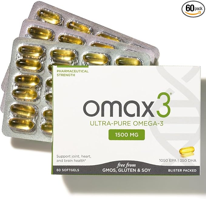 Omax3 Natural Omega 3 Fish Oil Pills 1500 MG EPA DHA - Omega3 Fatty Acid Supplements Muscle & Joint- Gluten Free, Wild Caught, Non GMO, 30-Day Supply Blister Packed (1 Box)