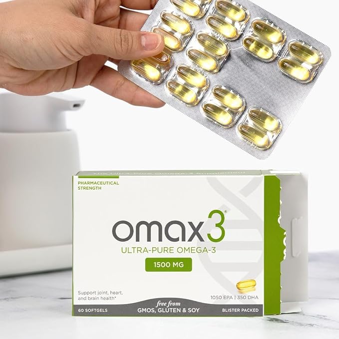 Omax3 Natural Omega 3 Fish Oil Pills 1500 MG EPA DHA - Omega3 Fatty Acid Supplements Muscle & Joint- Gluten Free, Wild Caught, Non GMO, 30-Day Supply Blister Packed (1 Box)