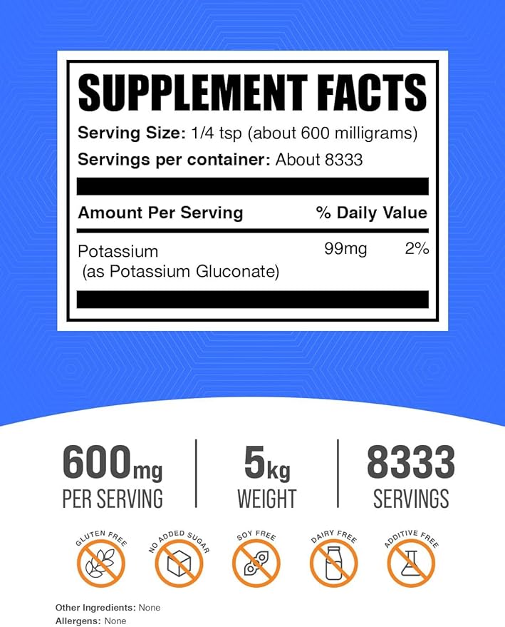 BulkSupplements.com Potassium Gluconate Powder - Potassium Supplement, Mineral Supplement - Gluten Free, 600mg per Serving, 5kg (11 lbs) (Pack of 5)