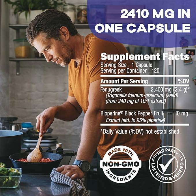 Fenugreek Capsules, 2410mg Per Capsule, 120 Count, Fenugreek Pills with Bioperine for Superior Absorption, Non-GMO, Gluten Free Fenugreek Seeds Extract Supplements, Fenogreco Capsulas