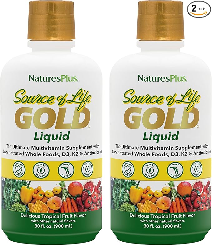 Natures Plus Source of Life Gold Multivitamin Liquid - 30 fl oz - Includes Vitamins D3, B12, K2 & Over 120 Whole Food Nutrients - 60 Total Servings - Pack of 2